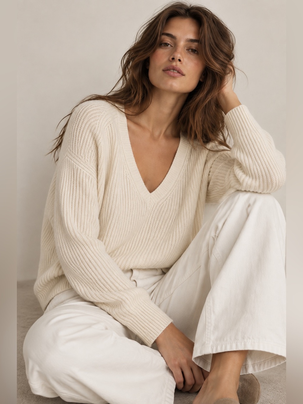 NakedCashmere Lucia Ribbed Cropped V-Neck Sweater in Ecru